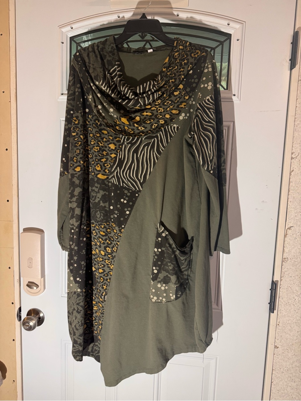 Olive Green Mixed-Print Cowl Neck Long Sleeve Dress